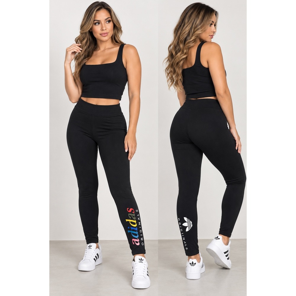 Adidas Originals Womens Black Rainbow Logo High Waisted Leggings Trefoil Tights